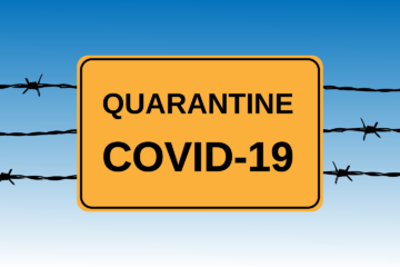 Schild auf Stacheldraht mit Text QUARANTINE COVID-19